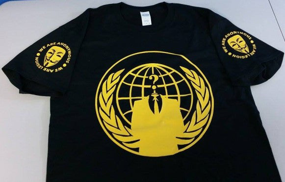 Anonymous Crest Yellow Art Guy Fawkes T-shirt With Sleeve Logos