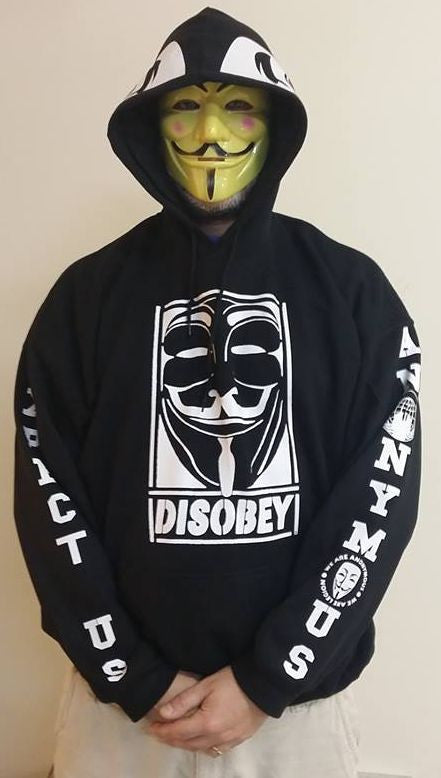 Anonymous Disobey Fully Decked With White Hood And Sleeves Print Hoodie