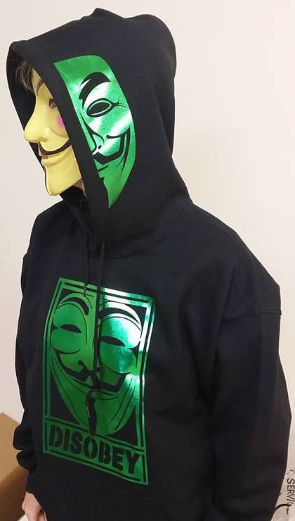 Anonymous Disobey Metallic Green Art Mask On Hoodie