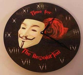 Anonymous Wall Clock 12" Vendetta Themed Time For Revolution With Mask, Rose, Dagger  Art
