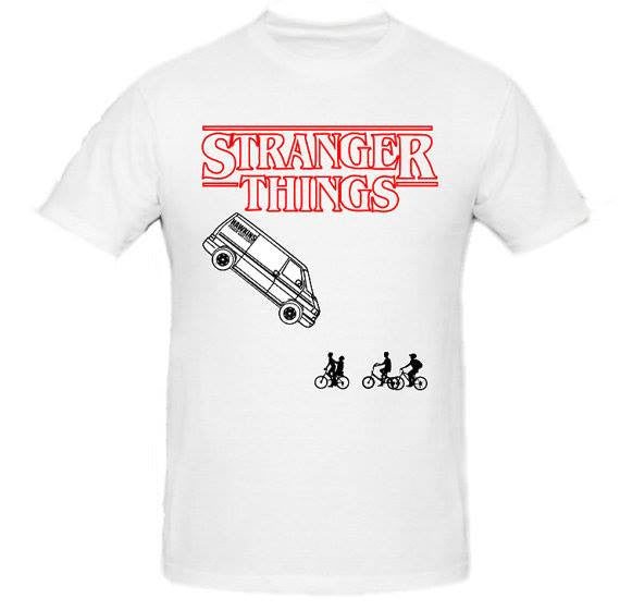 Stranger Things Series Falling Van Bike Persecution Art With Logo T-shirt | Blasted Rat