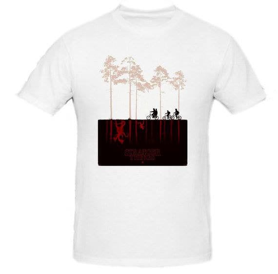 Stranger Things Series In Forest Riding Bicycles T-shirt