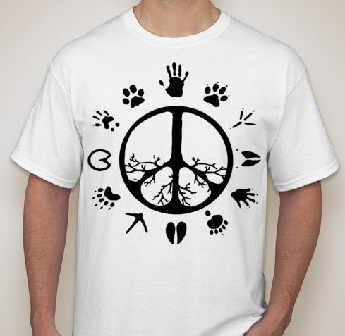 Peace Sign Tree Roots Animal Footprints Vegetarian Vegan Animal Rights ALF Pig T-shirt