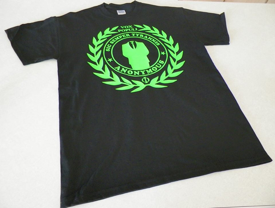 Anonymous Neon Green Vox Populi Sic Semper Tyrannis T-shirt