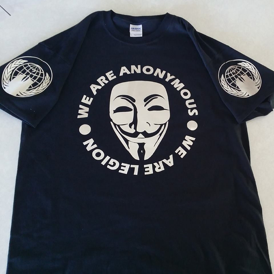 Anonymous We Are Legion Shiny Chrome mask and text T-shirt with sleeve logos | Blasted Rat