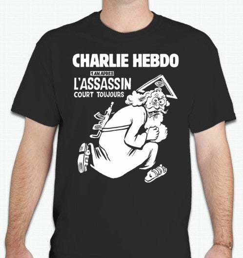 Charlie Hebdo 6 January 2016 Cover Assassin Still At Large God T-shirt | Blasted Rat