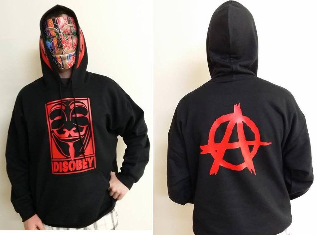 Anonymous Disobey With Red Hood Mask And Anarchy Symbol Print Hoodie