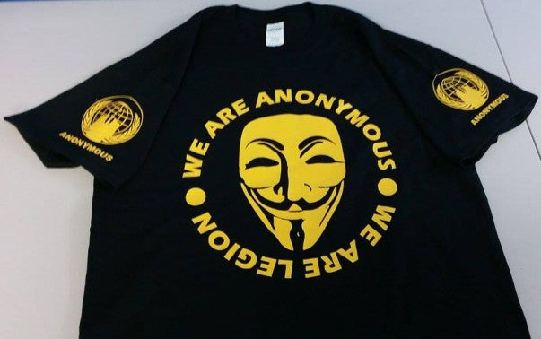 Anonymous Mask We Are Legion Yellow Art Guy Fawkes T-shirt With Crest Sleeve Logos