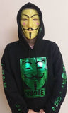 Anonymous Disobey Metallic Green Art Fully Decked With Sleeve Logos And Mask On Hoodie