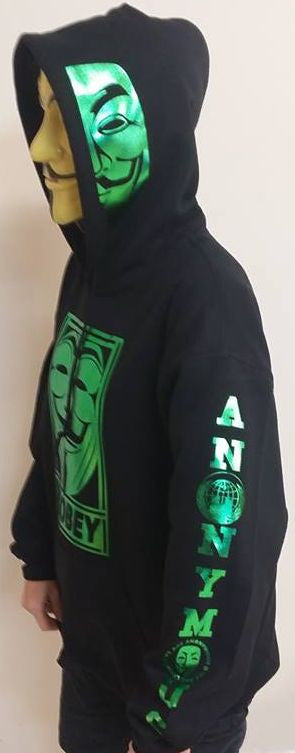 Anonymous Disobey Metallic Green Art Fully Decked With Sleeve Logos And Mask On Hoodie
