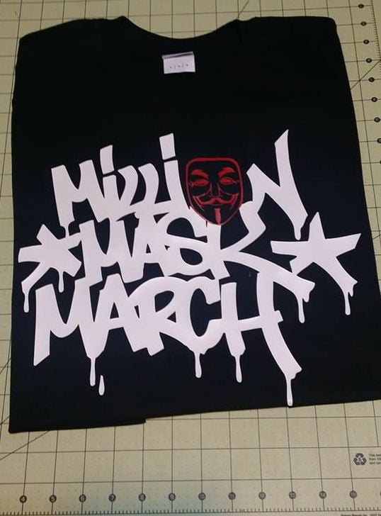 Million Mask March Graffiti White Text Red Mask Art T-shirt