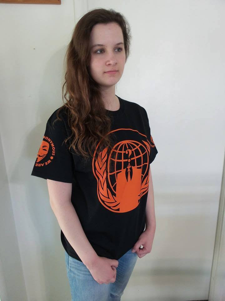 Anonymous Orange Crest Art With Mask Sleeve Logos T-shirt