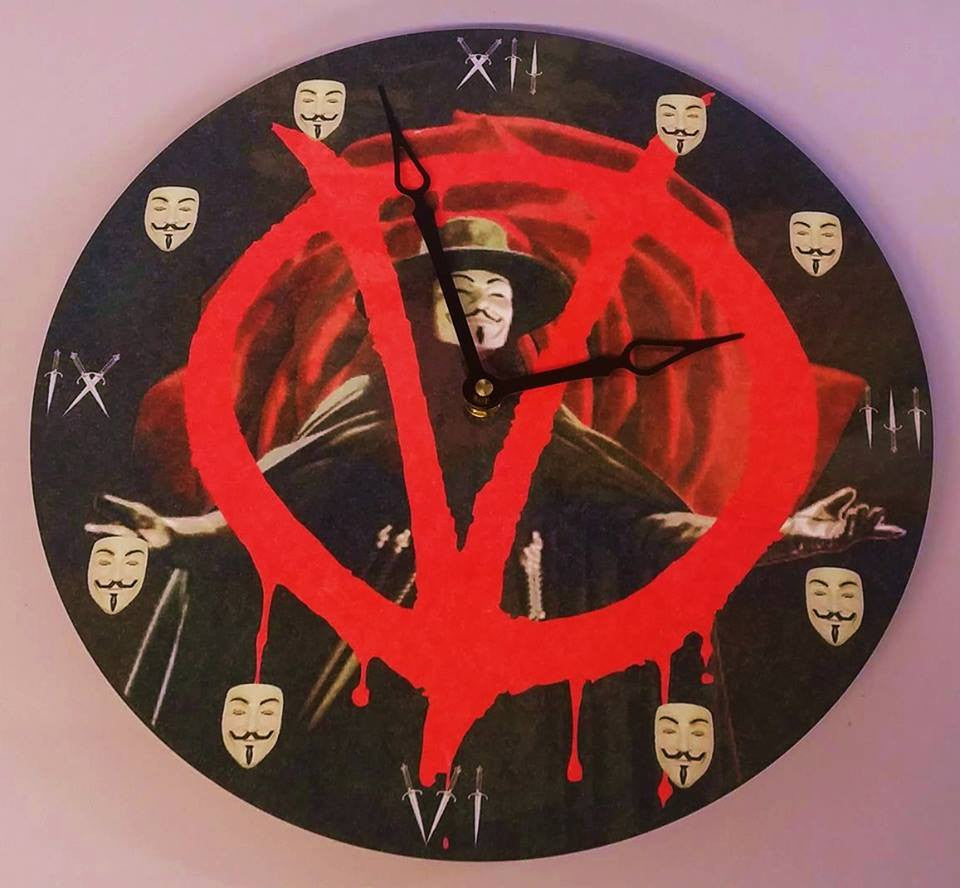 Anonymous Wall Clock 12" Vendetta Movie Themed With Guy Fawkes Mask, Dagger Art