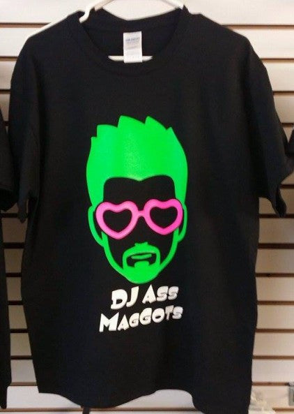 DJ Ass Maggots Green Art Pink Glasses T-shirt | Blasted Rat
