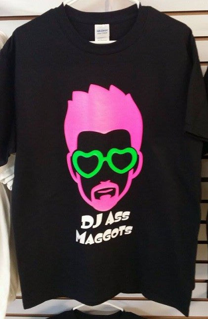 DJ Ass Maggots Pink Art Green Glasses T-shirt | Blasted Rat