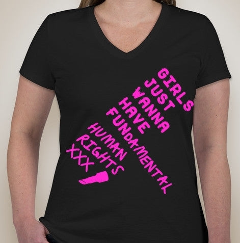 Ladies Just Wanna Have FUNdamental Human Rights Neon Pink Design V-Neck T-shirt