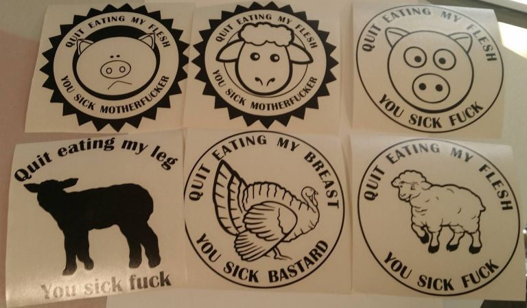 Quit Eating Me You Sick Fuck Vegetarian Vegan Animal Rights ALF Sheep Pig Turkey Lamb | Die Cut Vinyl Sticker Decal Combo Pack of 6