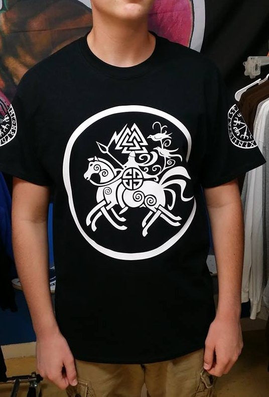 Viking Horseman Odin Riding Sleipnir With Huginn Muninn Ravens Helm Of Awe Rune Sleeve Logos Valhalla Norse T-shirt | Blasted Rat