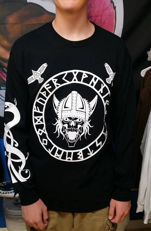 Viking Warrior Skull Rune Long Sleeve T-shirt With Snake Sleeve Logos | Blasted Rat