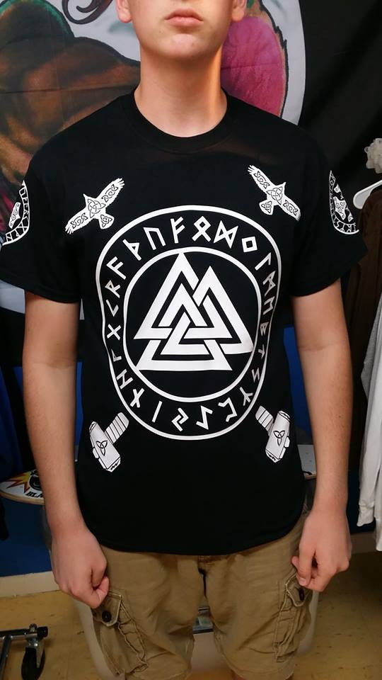 Viking Valknut Birds Mjolnir Thor's Hammer Rune Sleeve Logos T-shirt | Blasted Rat