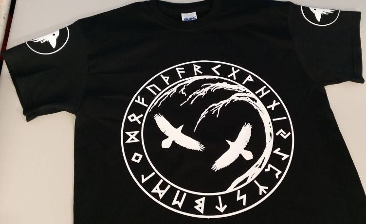 Viking Ravens Huginn & Muninn Yggdrasil Tree Of Life Valhalla Norse T-shirt With Sleeve Logos | Blasted Rat