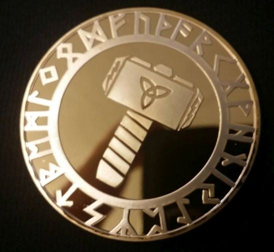 Viking Coin Thor Hammer Mjolnir Triquetra Runes Norse | heavy solid, plated with different tones | Blasted Rat